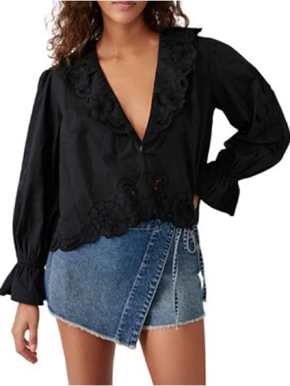 Free People Maisie Black Cutwork Eyelet Ruffle Blouse Top Size Small